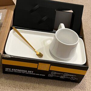 NEW 3pc White Espresso Coffee Set, Ceramic Cup, Saucer & Spoon by Cook Prep Eat